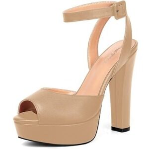 Grace Women's Beige Ankle Strap Block High Heel Platforms Sandals Size 7